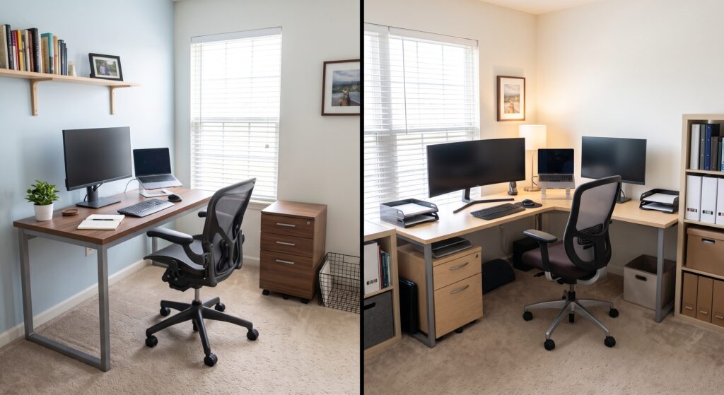 L-shaped desk and straight office desk shown side by side for workspace comparison