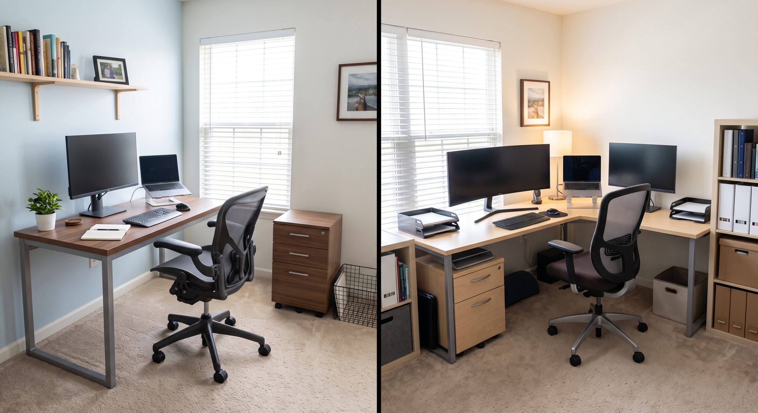 L-shaped desk and straight office desk shown side by side for workspace comparison
